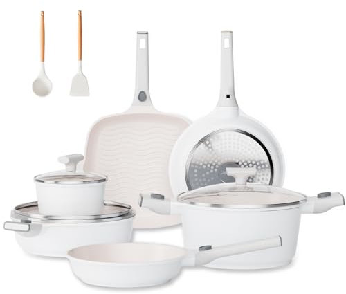 JEETEE Set de Poêles et Casseroles Induction Antiadhésives 16-Pièces, Batterie de Cuisine en Céramique avec Poignée Amovible, Passe au Four, Beige