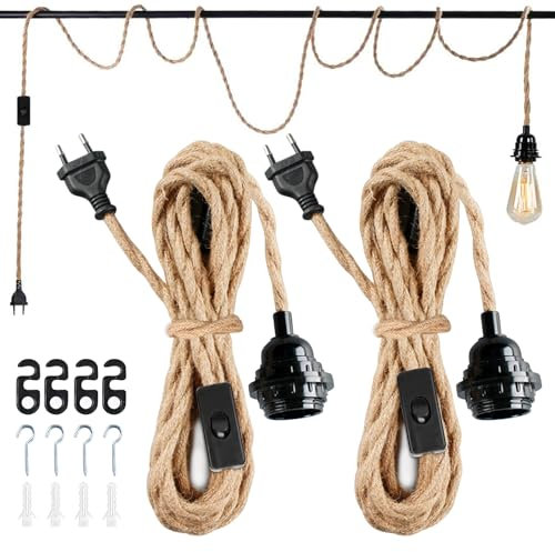 2 Pièces Douille E27 avec Câble 4.5m en Corde de Chanvre Tressée Vintage et Interrupteur, Suspension Douille E27 Corde pour DIY Lampe Suspension Cuisine Cave Loft Entrepôt