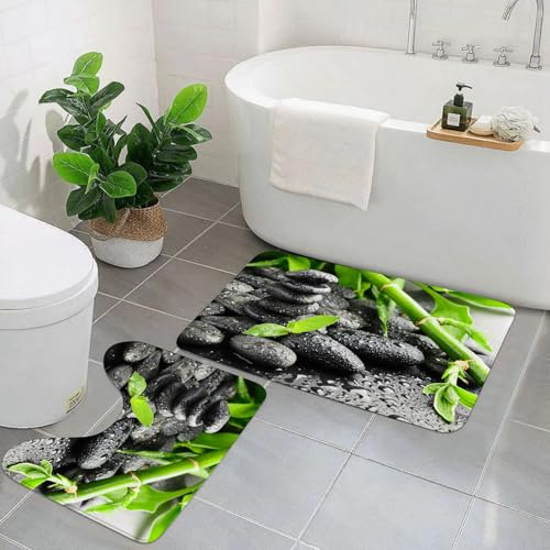 AELKSP Badezimmerteppich Set 2 Teilig,Schwarze Zen-Steine und Pflanze im Wasser,rutschfest Waschbar Badvorleger Set,Saugfähig Badematte Badteppich Set mit