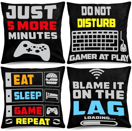 Whaline 4 Pack Video Game Throw Pillow 20 x 20 Inch Gamer Controller Pillow Cover Gaming Throw Cushion Cover Gamepad Logo Pillow Case for Home Office Car Sofa Couch Living Room