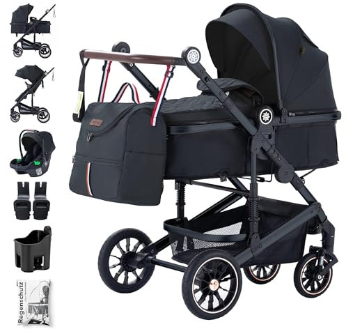 Daliya® NEOMOVE 3in1 Kinderwagen, Buggy & i-Size Babyschale | Alu-Rahmen | Reisekinderwagen & Sportwagen | Großer Einkaufskorb | Stadt & Gelände (Schwarz-Schwarz)