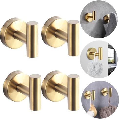 Boxonly Heavy Duty No-Drill Stainless Steel Suction Cup Coat Hook – Bathroom and Kitchen Towel Hooks, Gold – 4 Pcs, Strong Suction Hold, Removable, Up to 5kg Capacity, Modern Minimalist Design