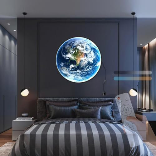 TZSMUM LED Erde Wandleuchte Dimmbar Modern Wandlampe mit Schalter und Stecker Wandleuchten mit Fernbedienung 3D Nachttischlampe Erd Mond Lampe Art Deco Wohnzimmerlampe Nachtlicht (30cm)