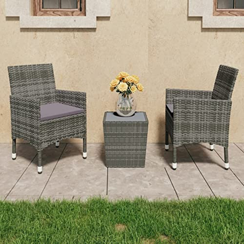 Sufrk 3-TLG. Bistro-Set Poly Rattan und Hartglas Grau Sitzgruppe Balkonmöbel Set Bistroset Balkonset Garnitur
