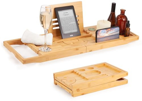 Woodluv Extendable Bamboo Bath Tray, Bathtub Tray Bathroom Caddy with Wine Glass, Candle, Phone, Tablet, Book Holder - Foldable Bath Board for Spa Experience - Adjustable Bath Rack