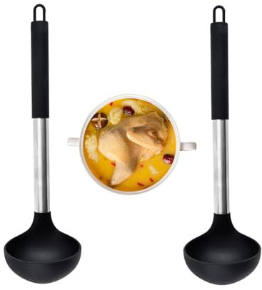 2 Stück Suppenkelle aus silikon,Schöpflöffel Aus Silikon Langstielige Multifunktional Silikon Schöpfkelle Mit Rundem Aufhängeloch Servierlöffel für die Küche zum Kochen von Saucen Eintöpfen(Schwarz)