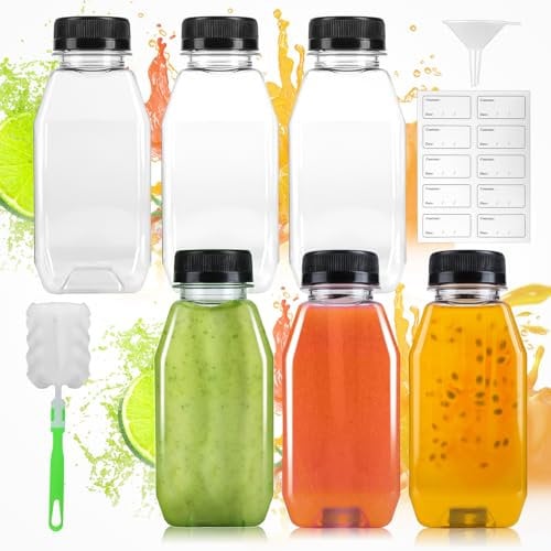 HOCUCHELAND 6 Pack 11.84oz/350ml Plastic Juice Bottles, Shot Bottles with Lids Funnel Brush Stickers, Leak-Proof and Reusable, Small Shot Bottle for Various Homemade Fruit Drinks Milk Water Beverages