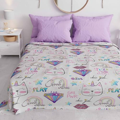 PETTI Artigiani Italiani - Tagesdecke für Kinder, Mädchen, Frühling, Sommer, 265 x 260 cm, 2-Sitzer, leichte Decke für Doppelbett, Motiv: Katze und Einhorn, 100% Made in Italy