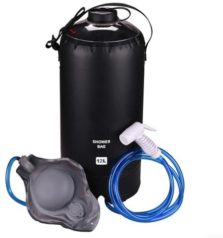 Zilimontt Douche de camping 12 L, sac de douche solaire portable, pommeau de douche à pied, PVC 500D, pour la plage, la randonnée, les voyages, le lavage (noir)