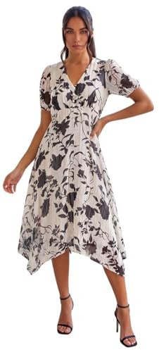 Roman Originals Swing Tea Dress Women UK Ladies Skater Midi A Line Fit & Flare Summer Casual Smart Cocktail Party Going Out Work Cruise Button Through Long Pocket - Noir Floral - Size 16