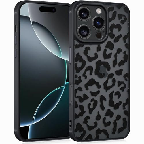 Coqinen Handyhülle für iPhone 16 Pro Hülle, Matt Transluzente Case mit Stilvolle Leopard Muster, Silikon Aesthetic Schutzhülle mit Kratzfeste PC Rückseite + Stoßfest TPU Bumper - Schwarz