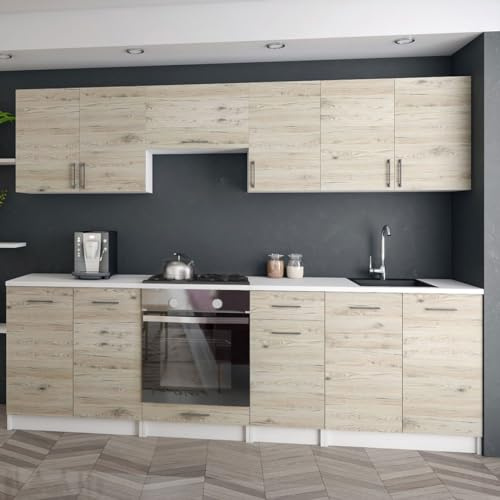 roe furniture Moderne Küchenzeile ohne Elektrogeräte in Eiche Bordeaux - Einbauküche mit viel Stauraum - Erweiterbares 2,4-m-Set inkl. Arbeitsplatten in Weiß - 240 x 82 x 46 cm (B/H/T)