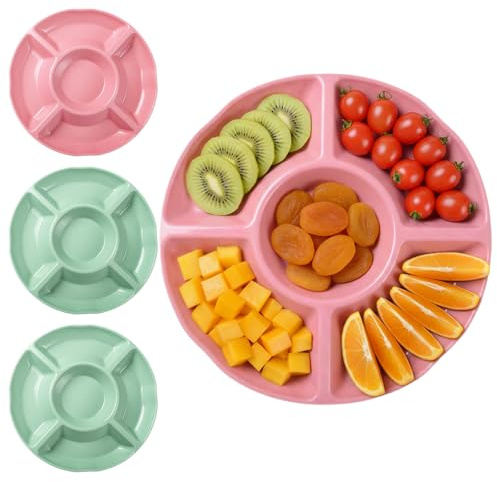 Otopone 4 Pcs Snack Plate, Snack Tray with 5 Sections | Reusable Party Platters for Fruits, Candies, Nuts and Desserts