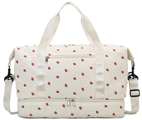 Sac de Sport Femme, Sac de Voyage Pliable Grande Capacité avec Compartiment à Chaussures et Poches Humides Imperméables, Sacs Fourre Tout Leger pour Fitness, Piscine et Sport, 20-35L (Beige)