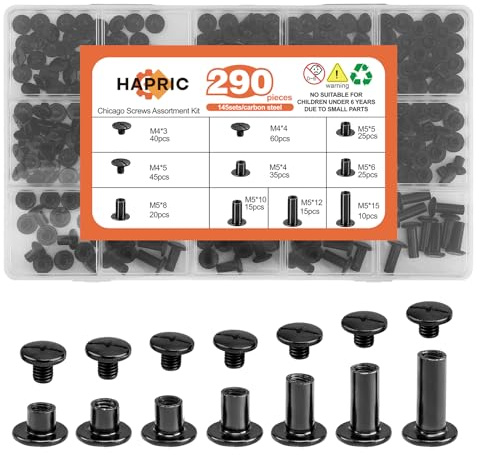 Hapric 145 Sets Chicago Screws for Leather, 7 Sizes M5x4/5/6/8/10/12/15mm Gunmetal Black Screw Rivets Kit for Belts Bookbinding DIY Leather Projects