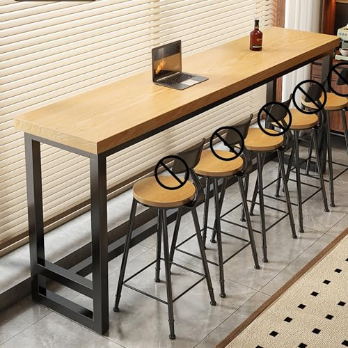JOSIAHCQ Mesa Alta Bar Rectangular Mesa Auxiliar Cocina Estrecha con Estructura de Metal para Cocina Cafetería Comedor Sala de Estar(Wood,160x30x105cm)