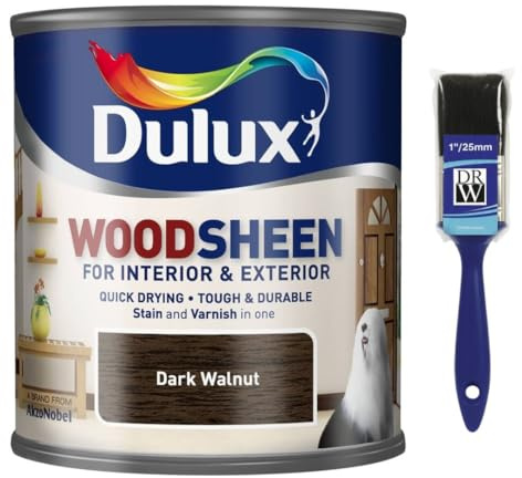 Woodsheen Stain and Varnish 250ml Dark Walnut +1 Brush | Interior Wood Stain and Varnish | Satin Finish for Doors Skirting Furniture and Trim | Quick Dry Wood Protection