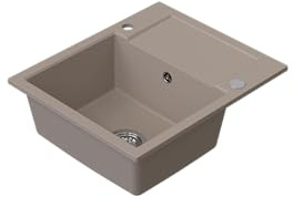 HOMEVELLO Spülbecken DIGNUM Einbecken Granitspüle 59x50x21cm Beige, Hochwertige Küchenspüle mit Siphon, Abtropffläche, Pflegeleicht, Kratzfest, Moderne Design, Perfekt für jede Küche