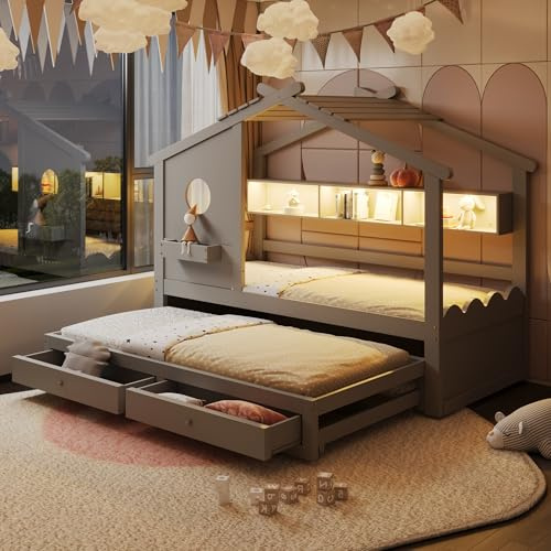 Mrwoo Kinderbett 90x200cm mit Ausziehbett, Hausbett mit 2 Schubladen & offenem Stauraum, Holzbett mit LED‑Beleuchtung und USB‑& Type‑C‑Ladeanschlüssen, Grau (Ohne Matratze)