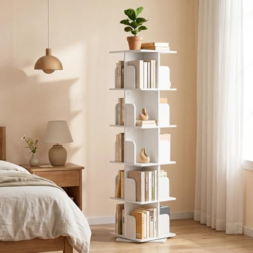 Nordivale Drehbares Bücherregal 360° Frei, Bücherregal Drehbar Weiß, Bücherregal Kinder, für Wohnzimmer, Arbeitszimmer, Büro, als Raumteiler, 5 Ebenen