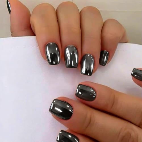 SXVME Chrome Press On Nails Short Square, 30 Pcs Glazed Black False Nails Short with Mirror Finish, Sparkly Bling Fake Nails Press on, Soft Gel Stick on Nail for Women Cute Manicure