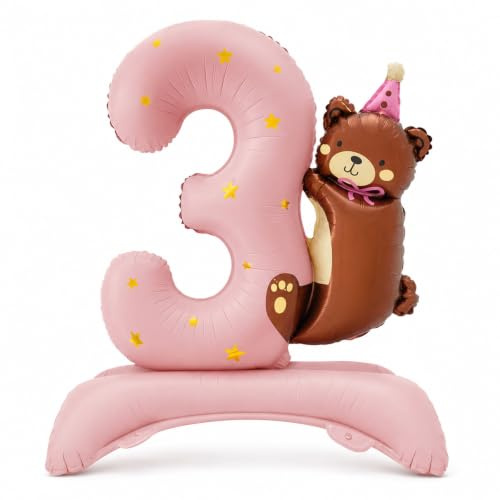 Gleemix Luftballon Geburtstag 3, Bär Folienballon XXL Rosa | Teddybär mit Standfuß Selbststehend Luftballon, für 3. Geburtstag Mädchen, Kindergeburtstag, 97x84cm