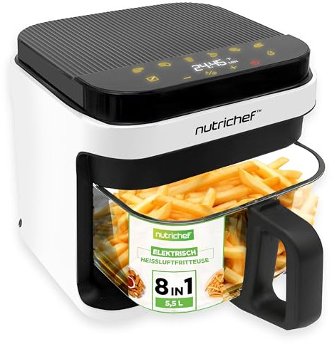 NutriChef Airfryer Glas, PFOA-/PFOS-frei, 5,5L, 8 Kochprogramme | Heißluftfritteuse mit 1200 Watt, Touchscreen und Auto-Abschaltung - mit wenig bis gar keinem Öl, Glaskorb spülmaschinenfest.