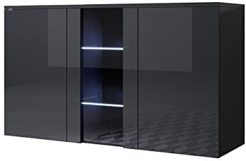 MB Muebles Bonitos | Sideboard | Wohzimmer Esszimmer Schrank Möbel | Breite 120 x Höhe 70 x Tiefe 45 cm | Glänzendes Melamin | 3 Türen | Hängendes Modell | Schwarz | Modell Luke A1