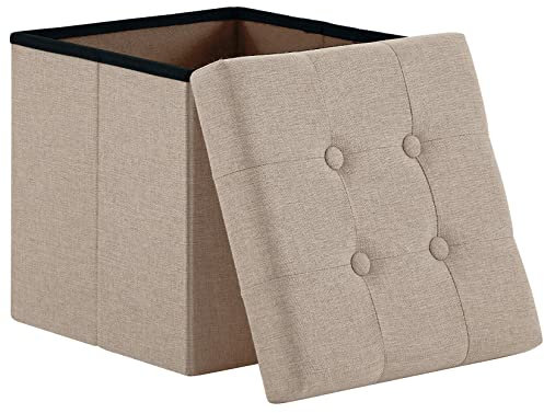 Zedelmaier Sitzhocker mit Stauraum, Fußbank Truhen Aufbewahrungsbox faltbar belastbar bis 300 kg, Leinen, 38 x 38 x 38 cm (Beige)