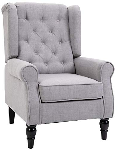 HOMCOM Poltrona per Salotto in Stile Francese con Ampia Seduta, Poltroncina in Tessuto con Gambe in Legno e Cuscini Sfoderabili, 74x86x102 cm, Grigio