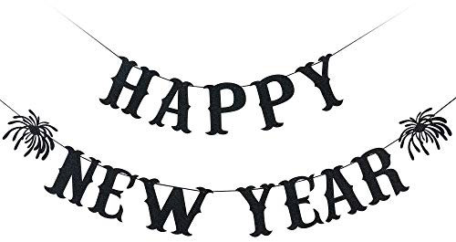 Schwarzes, glitzerndes Banner mit Aufschrift Happy New Year, Silvester-Party-Dekoration, Kamin-Kaminsims, Heimdekoration, Weihnachtsfeiertagsdekoration - Abschied von 2020 und Welcome to 2021