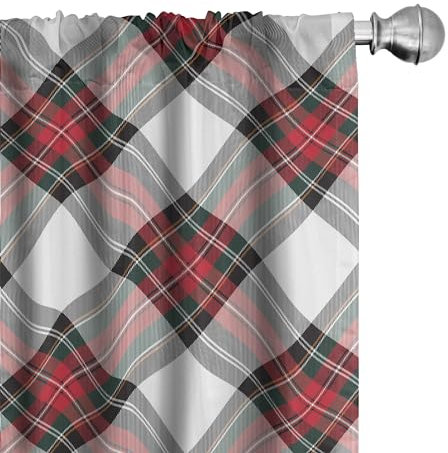 ABAKUHAUS Schottenkaro Vorhänge, Gardinen, Plaid Motiv Rhombuses, Fensterbehandlungen für Wohnzimmer Schlafzimmer Dekor, 2 Stück 75 cm b x 225 cm h, Weiß Rot Schwarz