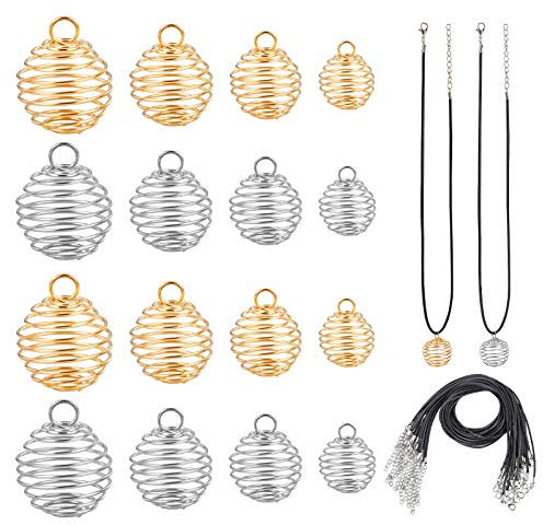 PandaHall 48 Stk. 4 Größen Eisen Spiralperlenkäfige Anhänger Mit 24 Stk. Lederschnur Für Halskette Ohrringe Schmuckherstellung Und -Herstellung, 9 mm / 15 mm / 25 mm / 30 mm