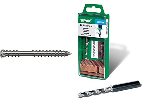 SPAX Terrassenschraube aus Edelstahl rostfrei A2, 5,0 x 60 mm, 100 Stück, T-STAR plus & Stufenbohrer mit 2 Bohrstufen von 4,1 und 6,5 mm, drill 2 step, Terrassenbau, 5009409873005