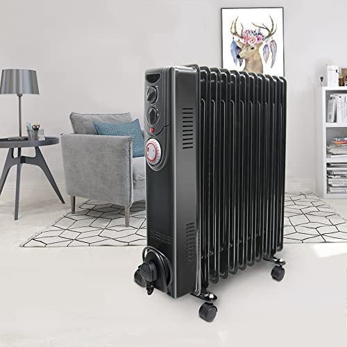 NRG 2.5KW Oil Filled Radiator 11 Fins Portable Electric Heater Built-in Timer Adjustable Thermostat Safety Cut-Off Black