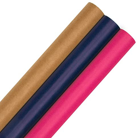 Hallmark Lot de 3 rouleaux de papier cadeau kraft multi-occasions 9 m en 3 couleurs vives, marron, bleu marine, rose, 9 m