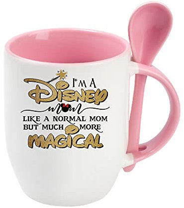 Mothers Day, I Am a Disney Mom Like a Normal Mom But Much More Magical Birthday, Christmas Unique Ceramic Inside Coloured with Spoon Coffee Mug. (Pink)