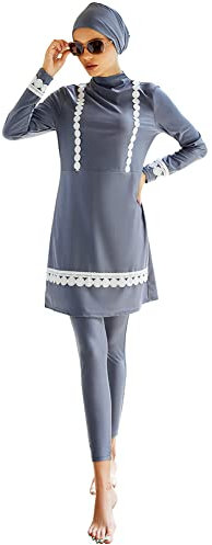 OBEEII Muslimische Bademode für Frauen und Mädchen, Schwimmanzug (Top Hose Hijab/Burkini) Sexy Bikini des Badeanzugs der Frauen Sommerliches Arabisches Langarm Badeanzug Set Full Cover Grau Blau S