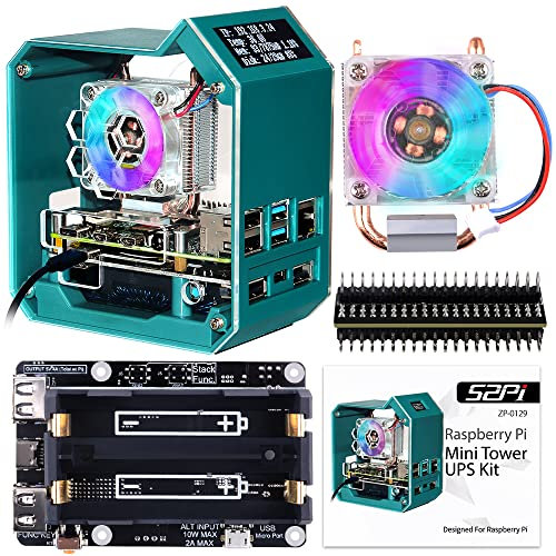GeeekPi Mini Tower UPS Kit,Ice Tower-Kühler mit PWM RGB Lüfter,Raspberry Pi UPS Plus Hat,0,96'' OLED-Display,GPIO 1 bis 2 Erweiterungsplatine für Raspberry Pi 4 Model B 1GB 2GB 4GB 8GB
