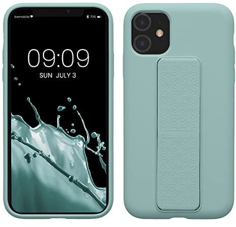 kwmobile Case Compatible with Apple iPhone 11 - Case with Hand Strap and Stand Soft TPU Silicone Coating - Mint