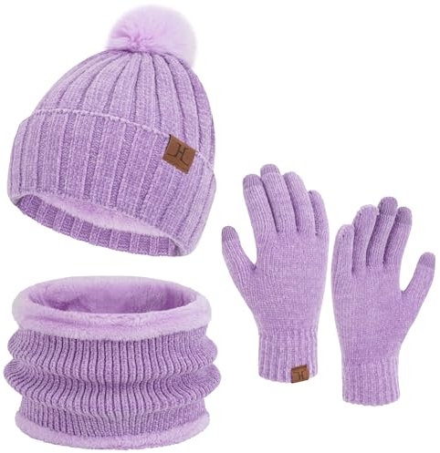 ZASFOU Damen Winter Beanie Mützen Schal Touchscreen Handschuhe Set Chenille Strick Wintermütze Winterhandschuhe Loop Schal,Lila