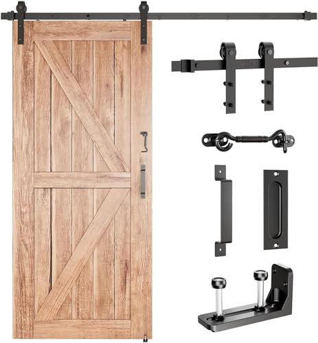 JZVXX Kit de herrajes para puerta corredera de granero de 6 pies, kit de puerta de granero, apto para panel de puerta de hasta 36 pulgadas de ancho, tirador de puerta de granero, gancho, guía