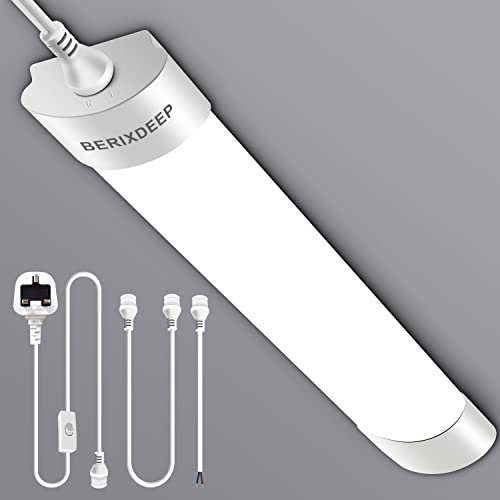 BERIXDEEP 5ft LED Batten Light with Plug, Linkable Plug in Strip Light for Garage, Workshop, Office, Wall, Kitchen, Shed, IP65 Plug in Ceiling Light Strip, 45W, 6500K Daylight