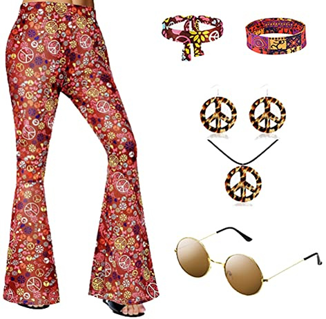 CosCool Costume hippie da donna anni '70 anni '80, pantaloni hippie da discoteca, pantaloni da discoteca, con accessori hippie