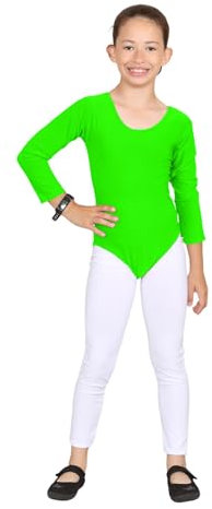 Hamishkane Gymnastikanzug für Kinder, Mädchen, Mikrofaser, Tanz, Gymnastik, Ballett, Langarm-Body, neon green, 13-14 Years