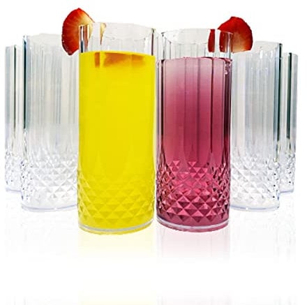 Almineez Stylish Set of 6 Hi Ball Plastic Acrylic Drink Tumblers Crystal Effect Glass Cups - Reusable Glasses Great for Picnics, BBQ’s, Poolside, Camping, Children’s Parties