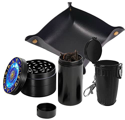 Herb Grinder Set, Spespo Spice Grinder Black Metal Zinc Alloy 4 Piece 2.0 inch(5cm) Constellation Pattern with Mini Ashtray and Sealed Jar and Leather Rolling Tray, Grinder Gift Set with Pouch