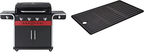Char-Broil Gas2Coal 440 (2.0) Hybrid Grill - 4 - Brenner Gas & Kohlegrill mit Seitenbrenner, Schwarz & 140007 - Grillplatte für 4 Brenner - Grills, Schwarz