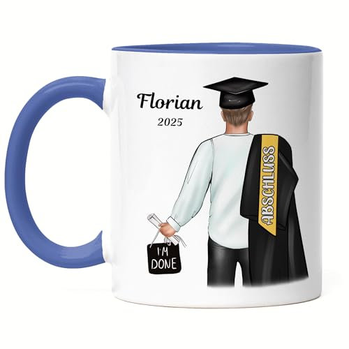 Kiddle-Design Bachelor Master Abitur 2025 Tasse Blau Abschluss Geschenk Personalisiert Name Absolvent Doktor Männer Herren Schulabschluss Abi