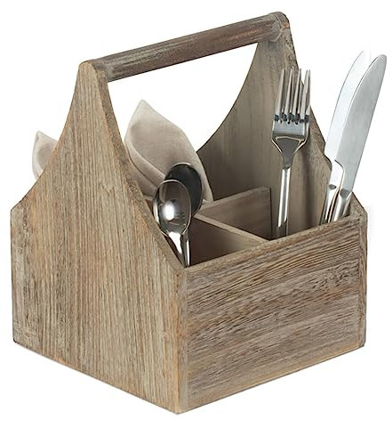 Dibor Oak Effect Cutlery Holder 4 Compartment Flatware Caddy Basket Large Wooden Cutlery, Condiment & Napkin Tabletop Storage Tray Silverware Flatware Organiser